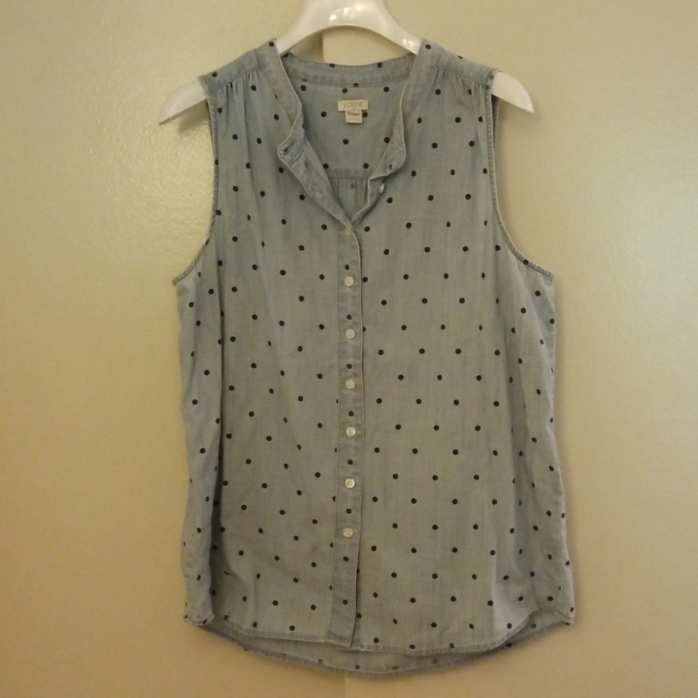 Sleeveless Polka Dot Chambray Buttondown